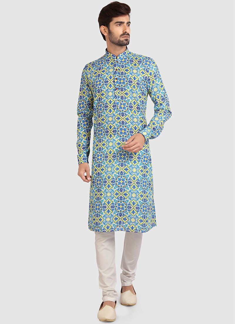 Sky Blue Cotton Printed Kurta Pyjama