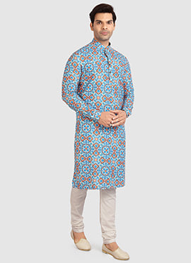 Sky Blue Cotton Printed Kurta Pyjama