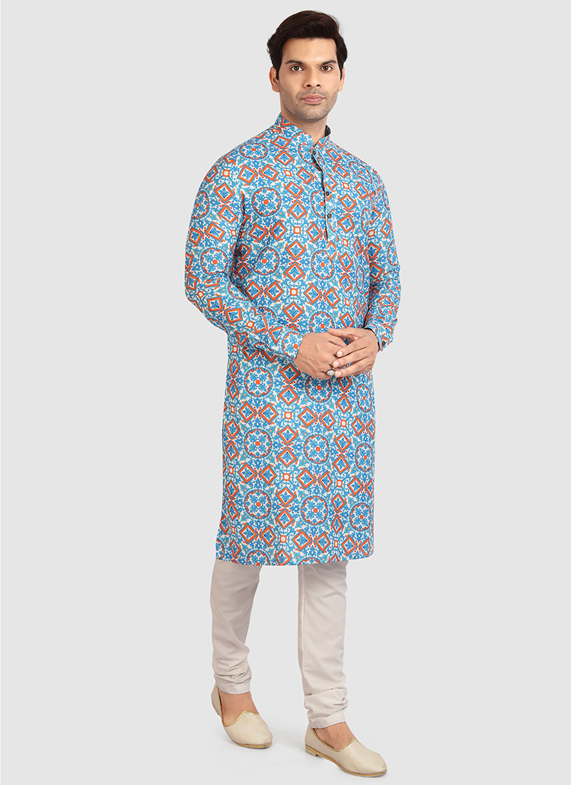 Sky Blue Cotton Printed Kurta Pyjama