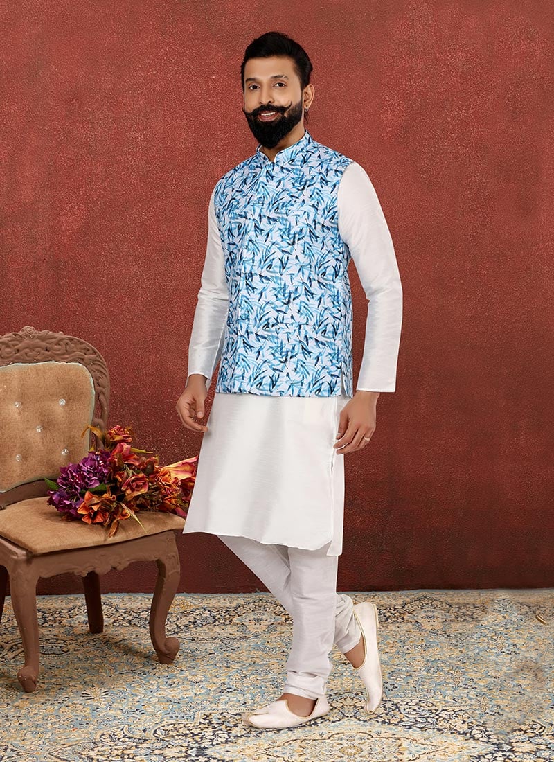 Sky Blue Cotton Printed Nehru Jacket