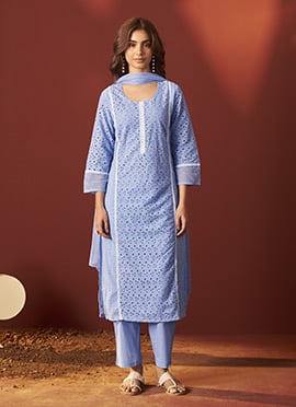Sky Blue Cotton Schiffli Work Straight Pant Suit