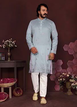 Sky Blue Cotton Silk Embroidered Sequins Kurta Pyjama