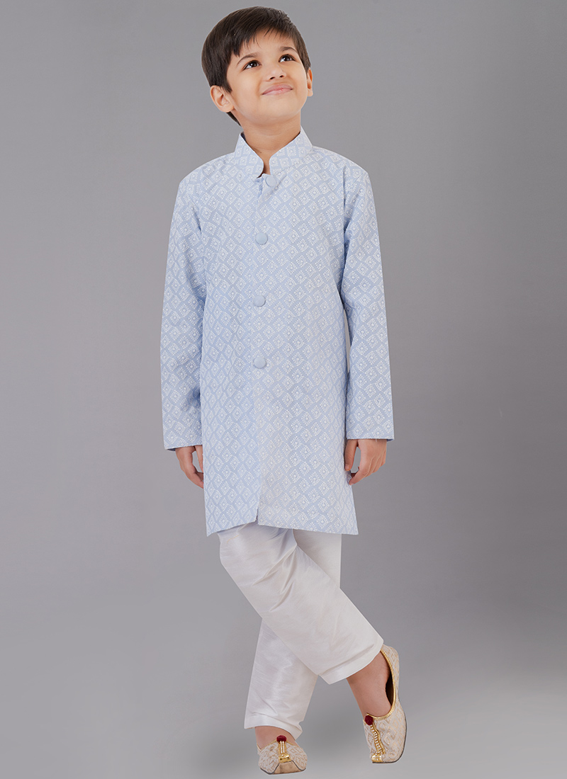 Sky Blue Cotton Silk Embroidery Kurta Pyjama Party Wear