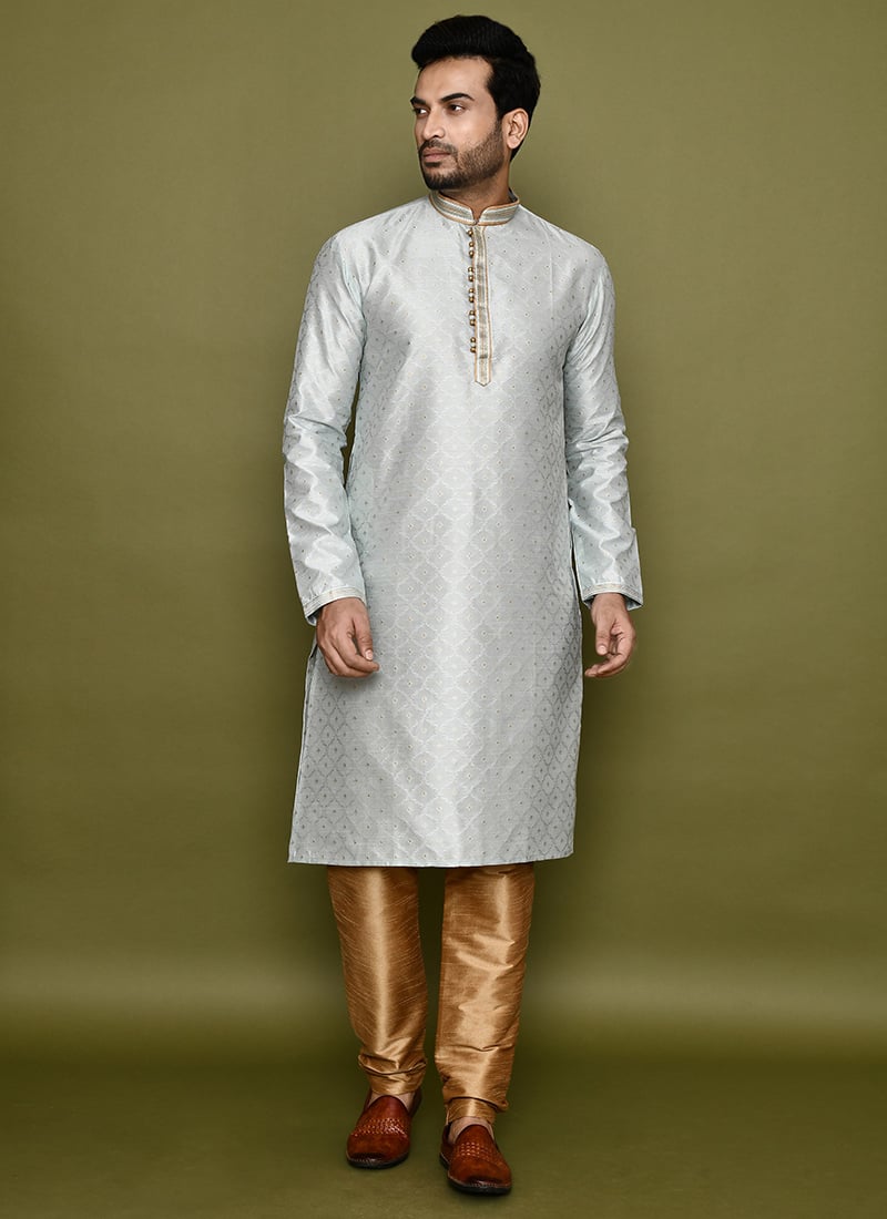 Grey Cotton Silk Jacquard Kurta Pyjama Festive Wear