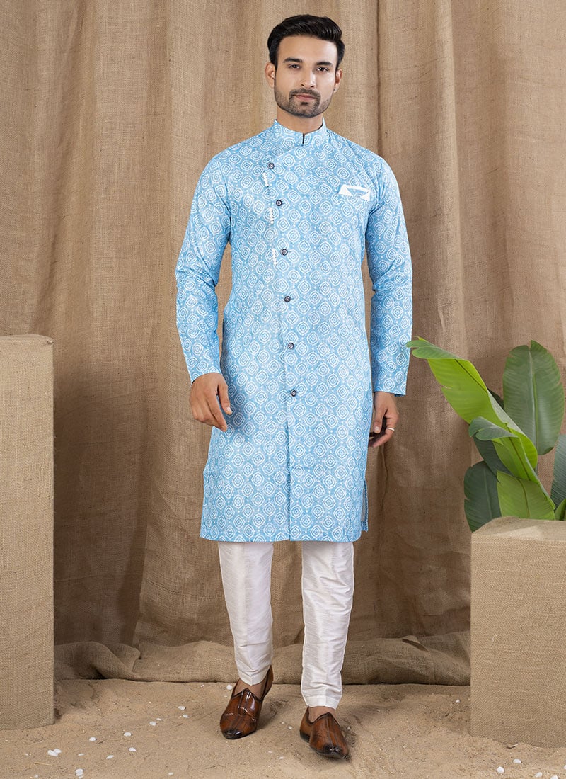 Sky Blue Cotton Silk Printed Indowestern Sherwani