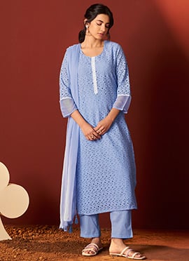 Sky Blue Cotton Straight Pant Suit