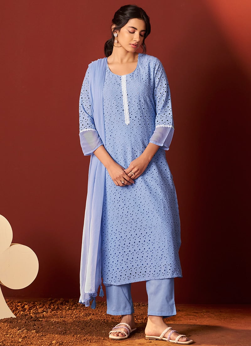 Sky Blue Cotton Straight Pant Suit After Six Wear