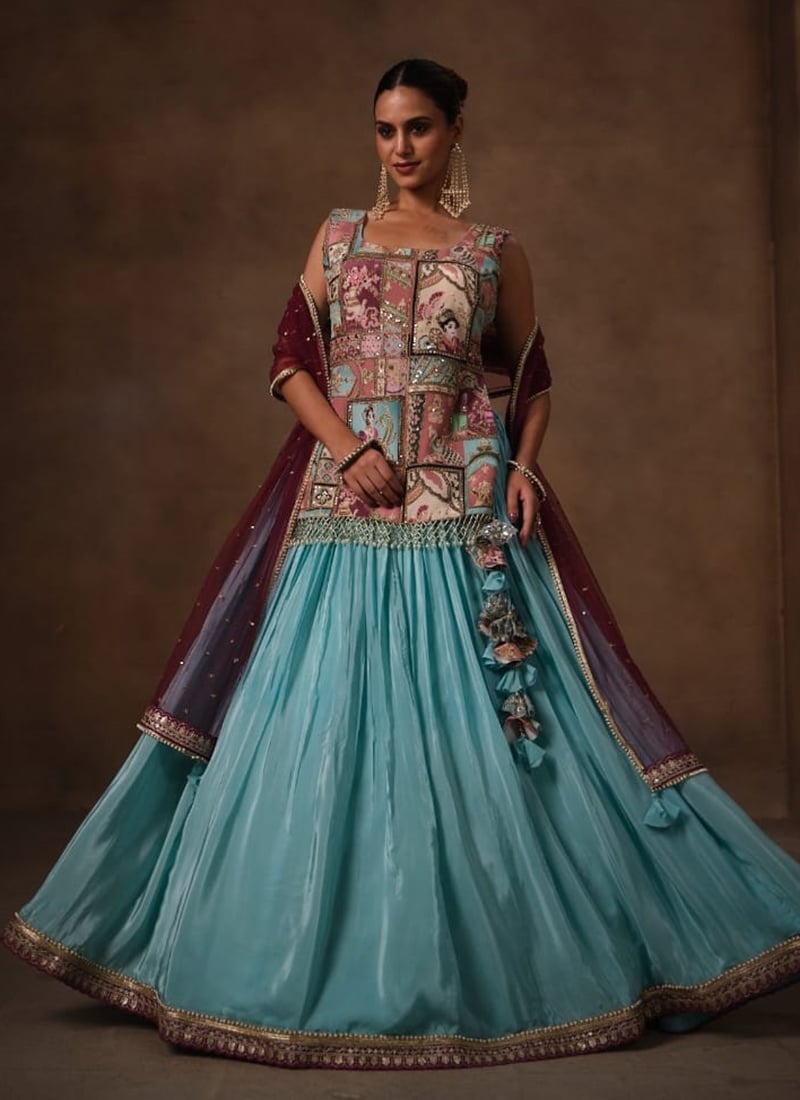 Sky Blue Crepe Embroidered Sequins Stone Lehenga After Six Wear