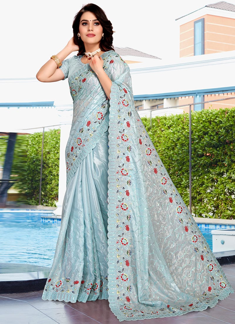 Sky Blue Crepe Silk Embroidery Sequins Work Saree Party Wear