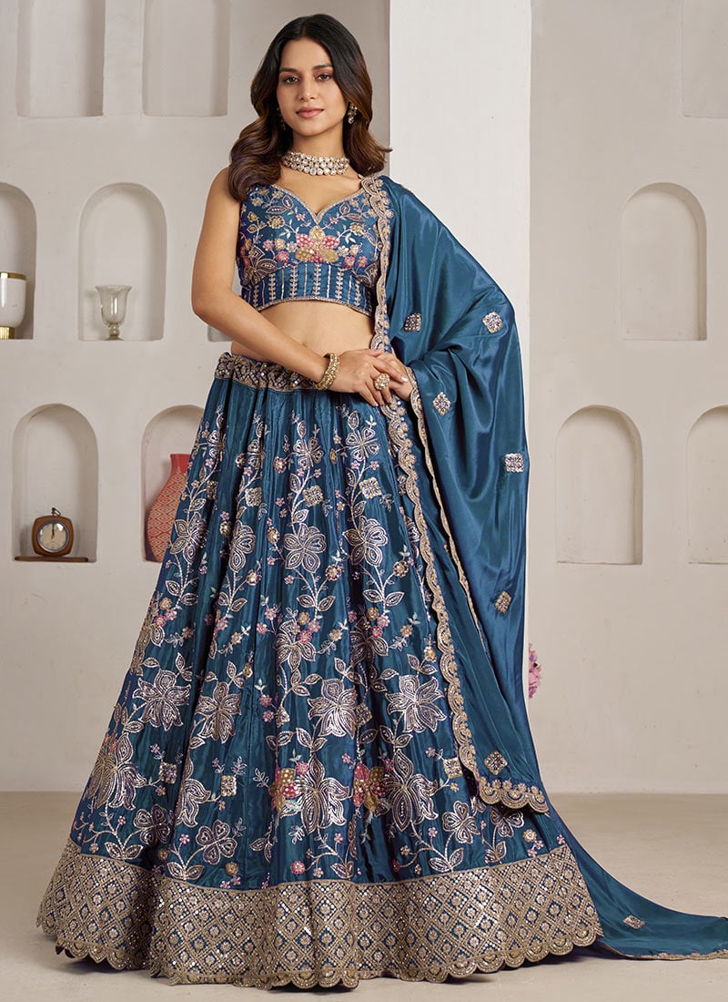 Sky Blue Crepe Silk Golden Floral Embroidered Lehenga Wedding Wear