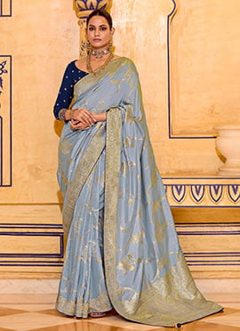Sky Blue Crepe Silk Zari Jacquard Floral Woven Saree
