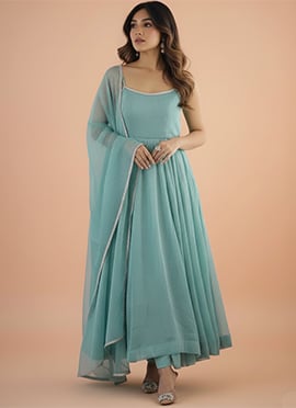 Sky Blue Crunch Silk Tikki Work Anarkali Suit