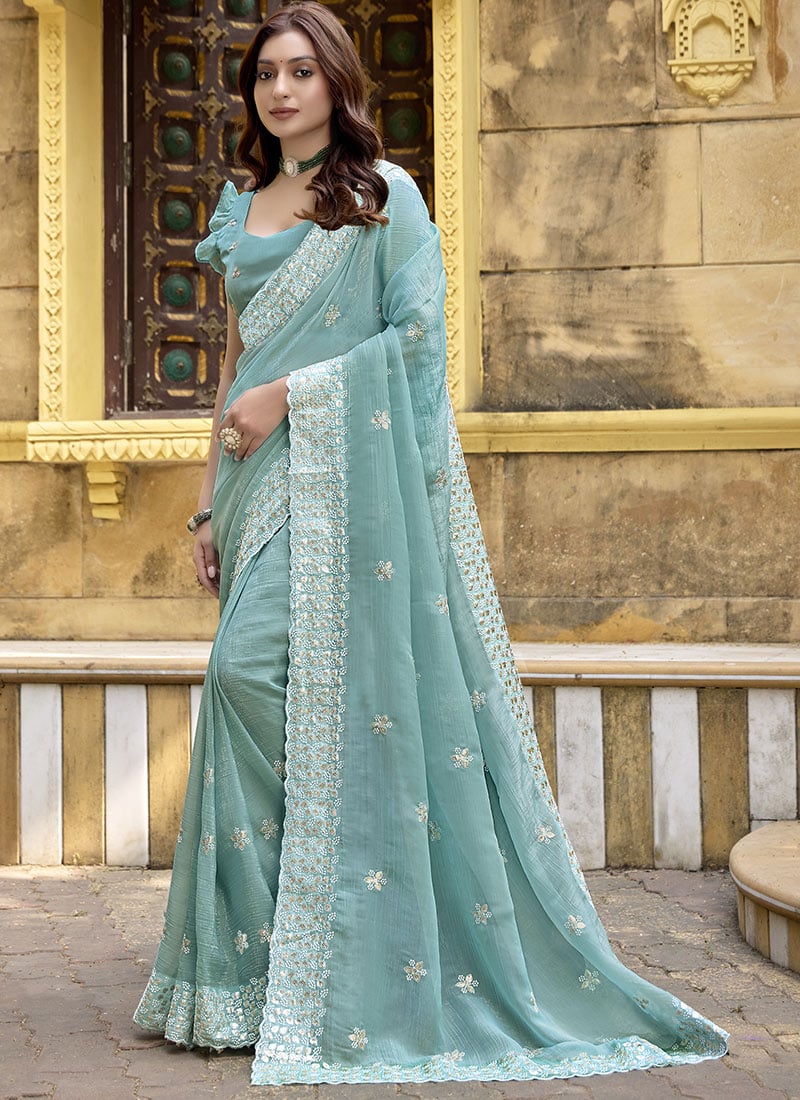 Sky Blue Crunchy Silk Embroidered Sequins Saree