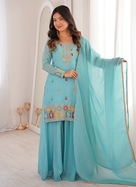 Sky Blue Crunchy Silk Zari Embbroidered Sequins Palazzo Suit