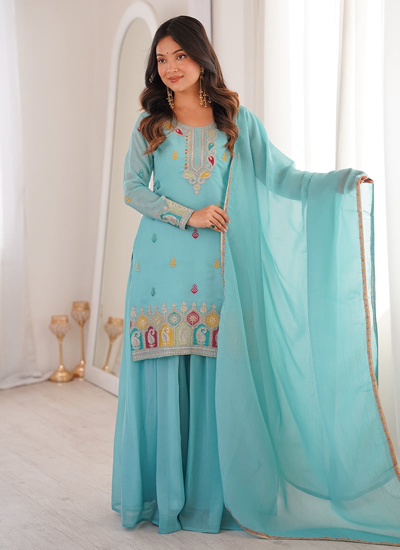 Sky Blue Crunchy Silk Zari Embbroidered Sequins Palazzo Suit Festive Wear