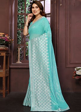 Sky Blue Crunchy Silk Zari Stone Work Saree