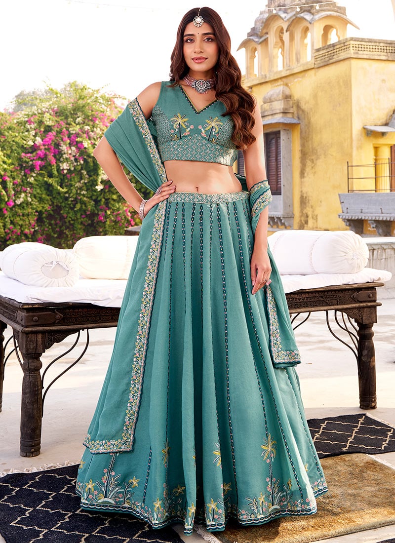 Sky Blue Crush Silk Embroidered Sequins Lehenga Wedding Wear