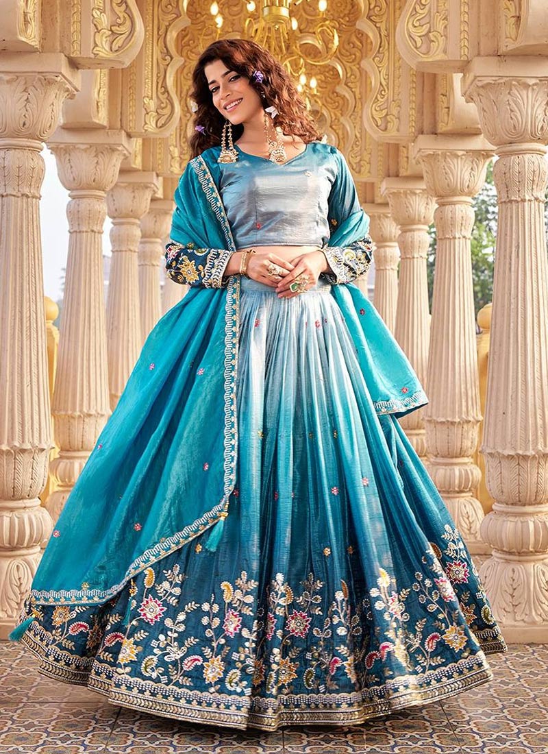 Sky Blue Crush Silk Embroidered Sequins Lehenga Wedding Wear