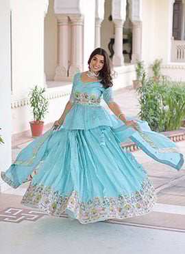 Sky Blue Crush Silk Embroidered Sequins Zari Thread A Line Lehenga