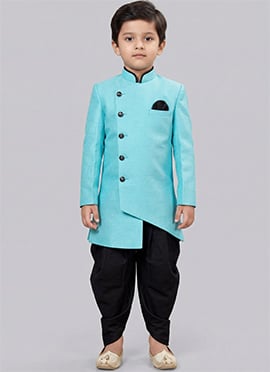 Sky Blue Dupion Silk Kids Boys Indowestern Sherwani
