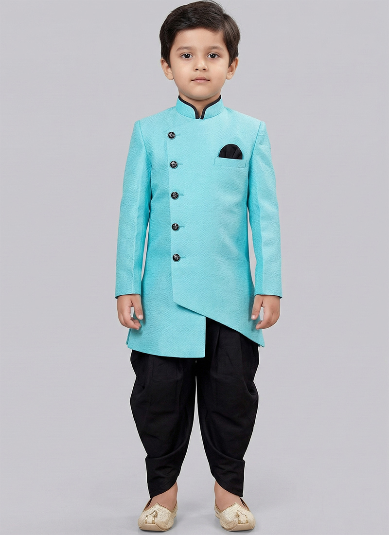 Sky Blue Dupion Silk Kids Boys Indowestern Sherwani Festive Wear