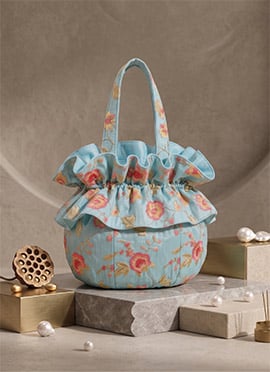 Sky Blue Embroidered Art Silk Potli Bag