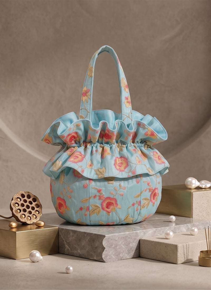 Sky Blue Embroidered Art Silk Potli Bag