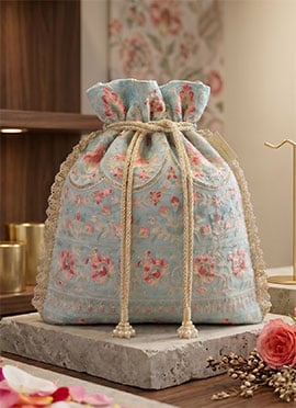 Sky Blue Embroidered Art Silk Potli Bag