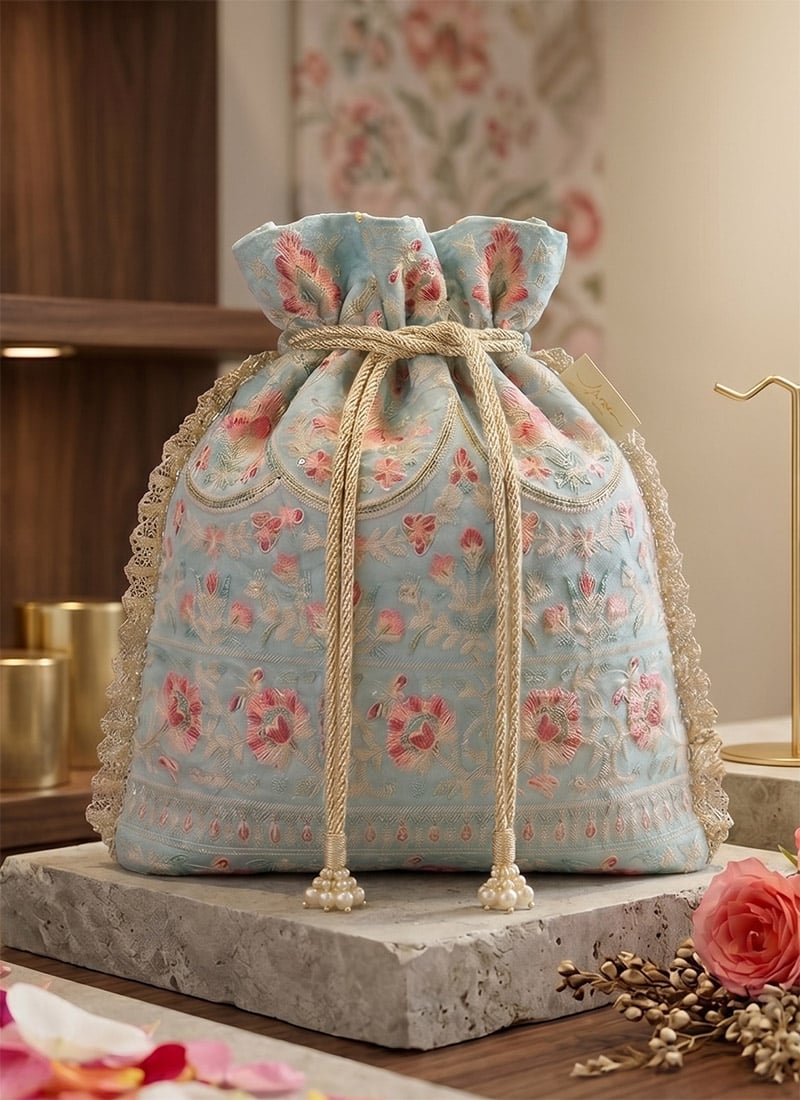 Sky Blue Embroidered Art Silk Potli Bag