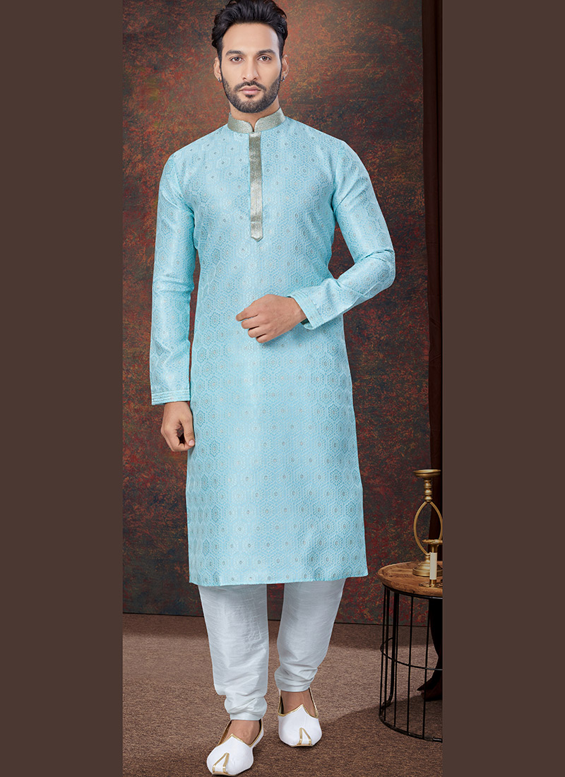 Sky Blue Embroidered Jacquard Print Silk Kurta Pyjama For Men Festive Wear