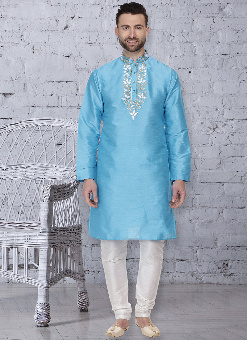 Sky Blue Embroidered Kurta Pyjama Set Party Wear