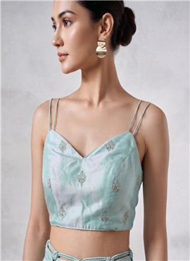 Sky Blue Embroidered Organza Smocking Blouse