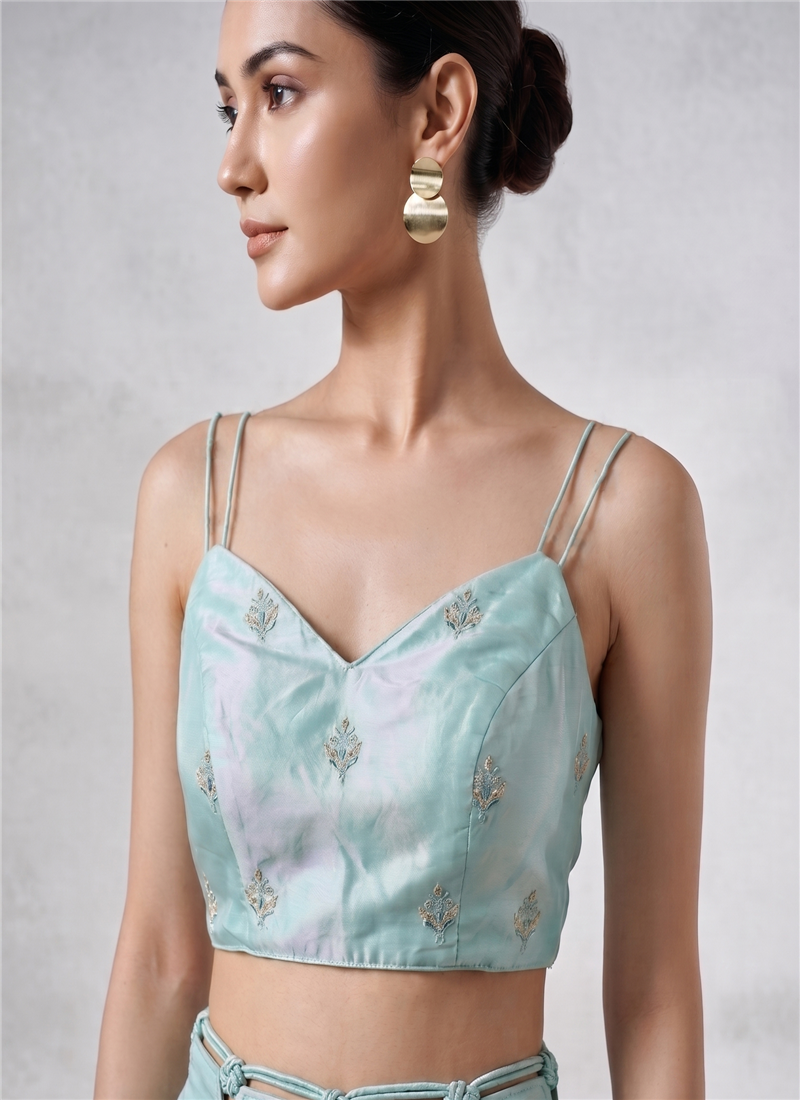 Sky Blue Embroidered Organza Smocking Blouse Festive Wear