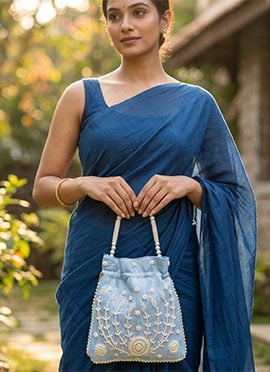 Sky Blue Embroidered Potli Bag With Pearl Bead Work