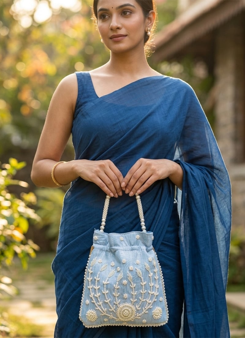 Sky Blue Embroidered Potli Bag With Pearl Bead Work