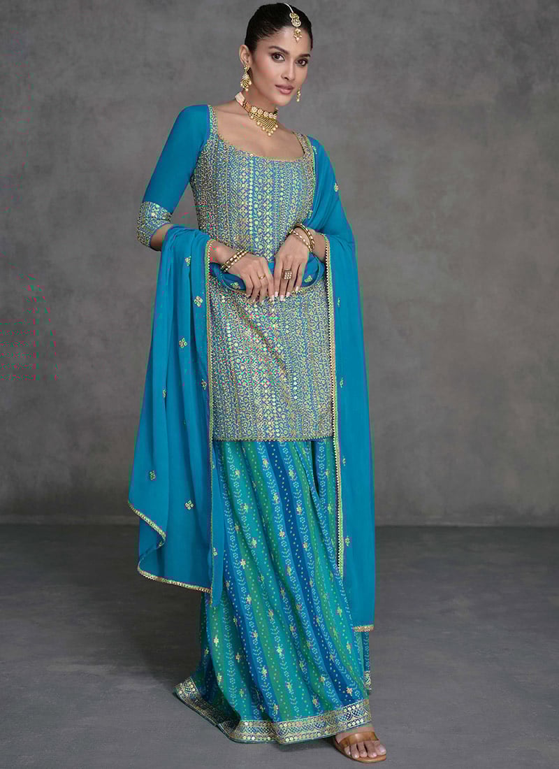 Sky Blue Embroidered Sequins Palazzo Suit Party Wear