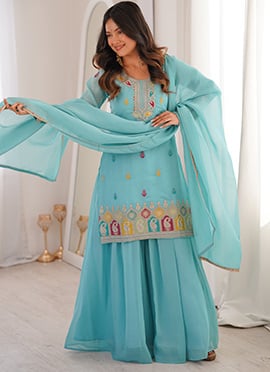 Sky Blue Embroidered Sequins Silk Palazzo Suit