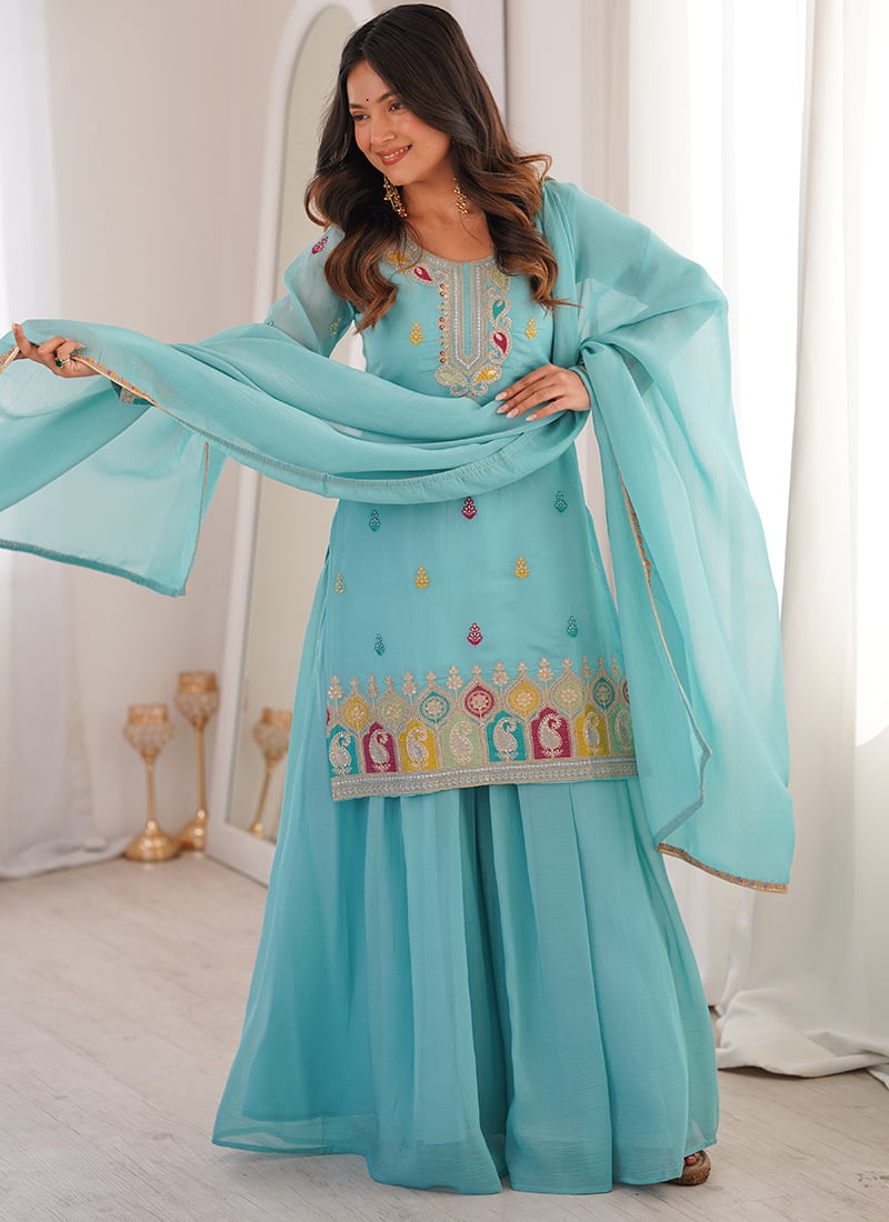 Sky Blue Embroidered Sequins Silk Palazzo Suit Festive Wear