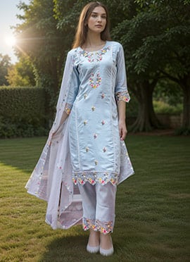 Sky Blue Embroidered Sequins Straight Pant Suit