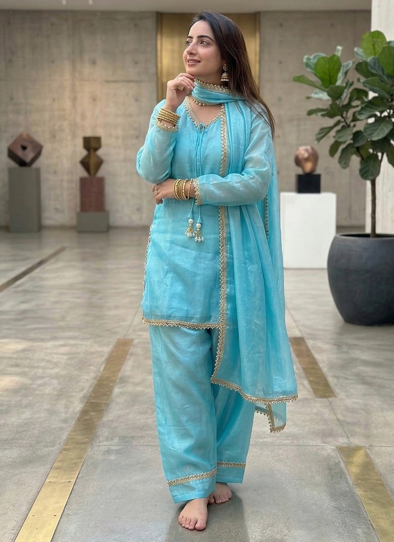 Sky Blue Fandy Satin Mirror And Moti Embellished Salwar Suit After Six Wear