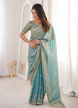 Sky Blue Fandy Silk Embroidered Sequins Saree