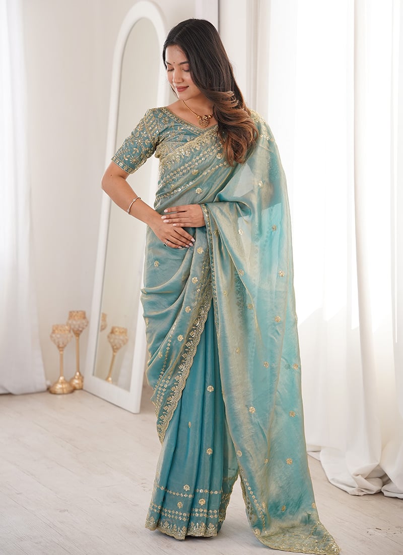 Sky Blue Fandy Silk Embroidered Sequins Saree Festive Wear