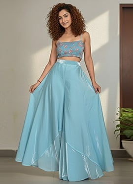 Sky Blue Fandy Silk Hand Embroidered Zari Sequins Indowestern Palazzo Set