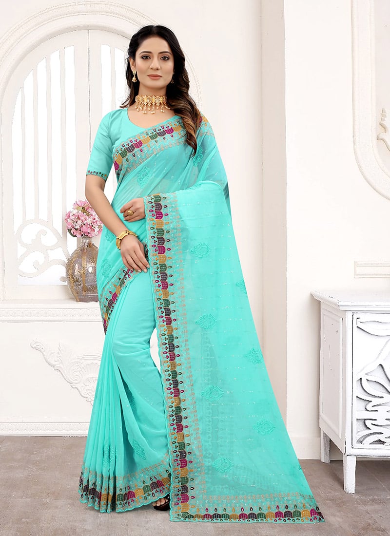 Sky Blue Faux Georgette Embroidered Saree
