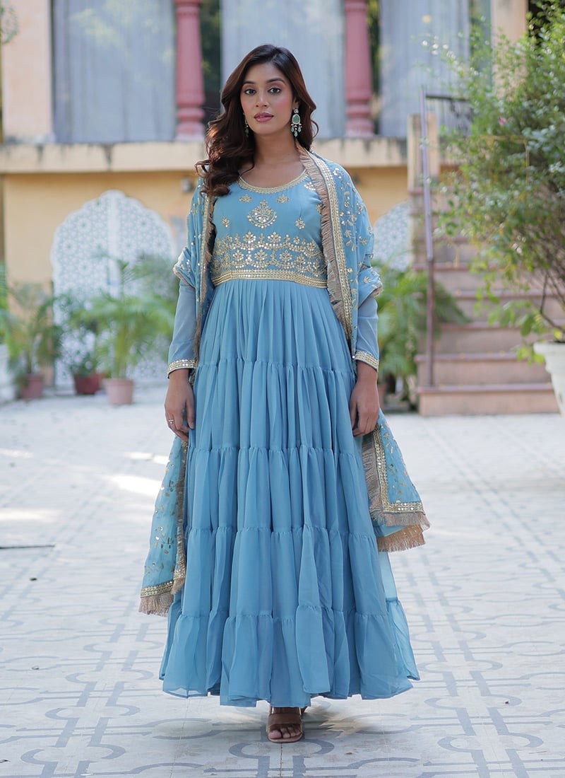 Sky Blue Faux Georgette Embroidered Sequins Anarkali Suit Festive Wear