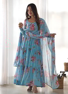 Sky Blue Faux Georgette Floral Digital Print Anarkali Suit