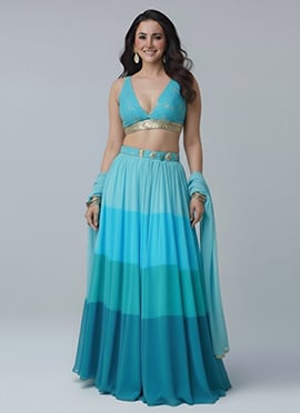 Blue Faux Georgette Hand Embroidered Sequins And Stone Work Lehenga