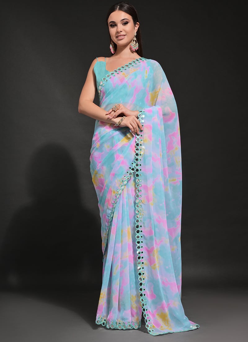 Sky Blue Faux Georgette Printed Saree After Six Wear