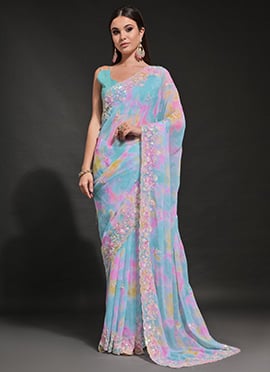Sky Blue Faux Georgette Printed Saree With Sequins And Embroidery