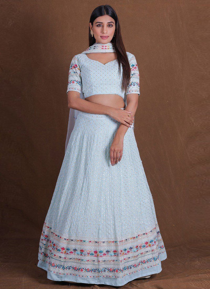 Sky Blue Faux Georgette Sequins Embroidered Thread A Line Lehenga Wedding Wear